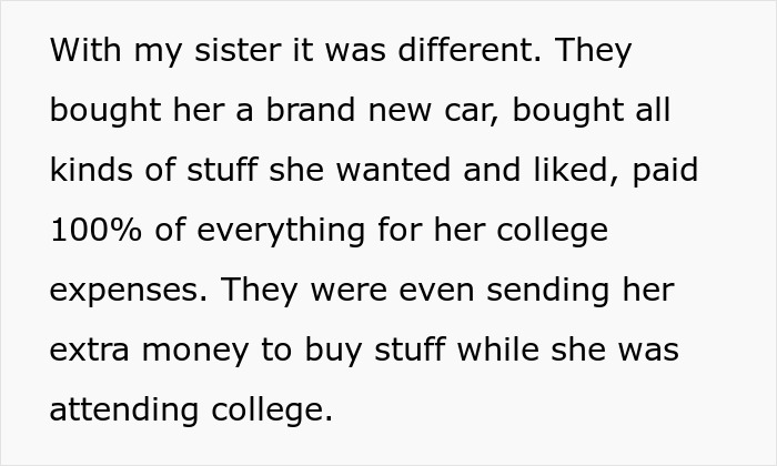 Parents spoil daughter with gifts and college expenses, leading to financial struggle and seeking help from neglected son.
