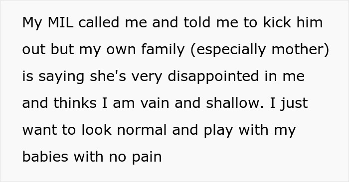 Text message about family disappointment after husband's surprise theft of woman's tummy tuck savings and her desire for normal life.