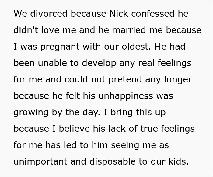 Text excerpt about divorce and kids preferring bio mom over stepmom, highlighting familial tensions and emotional struggles. Text excerpt about divorce and kids preferring bio mom over stepmom, highlighting familial tensions and emotional struggles.
