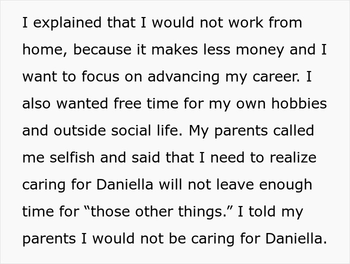 Text explaining refusal to care for disabled sister, facing accusations of ableism and family conflict on caregiving duties. Text explaining refusal to care for disabled sister, facing accusations of ableism and family conflict on caregiving duties.