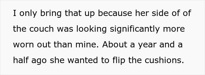 Text excerpt discussing a woman&rsquo;s side of a couch being more worn out, related to heavier roommate paying more.