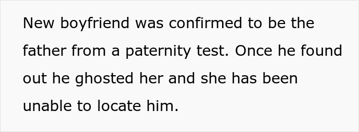 Text about paternity test results revealing the new boyfriend as the father, leading to ghosting and inability to locate him.