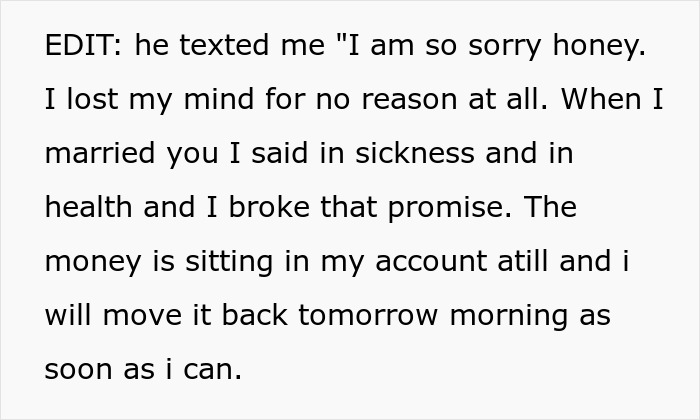 Text excerpt showing a husband apologizing for taking savings related to a woman&rsquo;s dream of having tummy tuck.