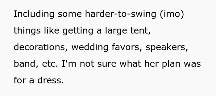 Text excerpt discussing the challenges a bride faces when planning an elaborate wedding without spending money.