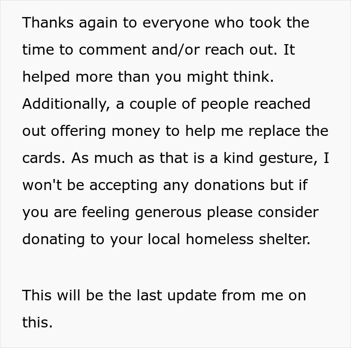 Text message thanking supporters after wife disposed of husband's Pok&eacute;mon card collection, addressing donations and final update.