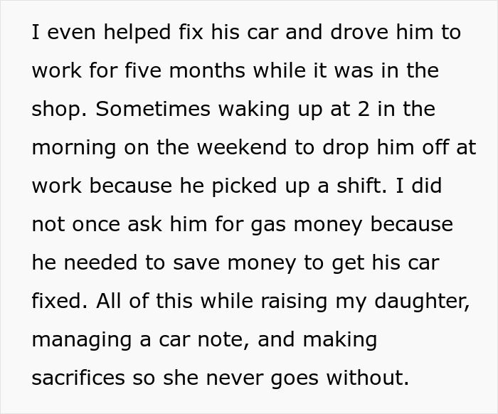 Text showing a sister explaining how she helped fix her useless bro&rsquo;s car and supported him while managing her own responsibilities.