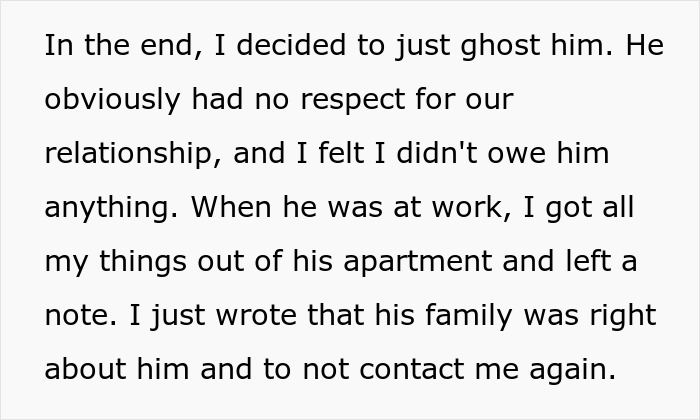 Text excerpt describing a woman&rsquo;s decision to ghost her boyfriend&rsquo;s grown son after feeling disrespected in the relationship.