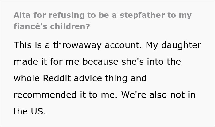 Text post about refusing to be a stepfather to fianc&eacute;e&rsquo;s children due to gift expectations, shared on Reddit.