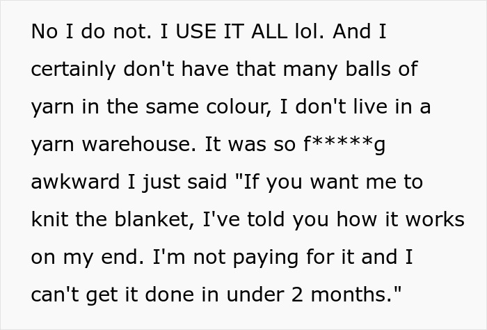 Text about an entitled employee refusing to knit a huge blanket, referencing knitting hobby conflict at work.