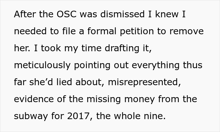 Text excerpt showing a grieving daughter preparing a formal petition to drive step-monster to financial ruin.