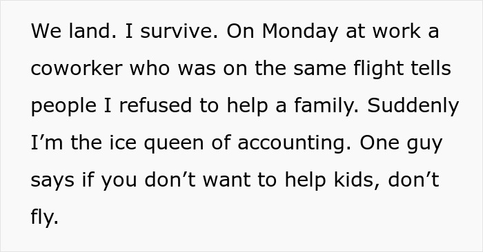 Text describing a coworker recounting a rude family trying to bully a lady out of her plane seat and calling her a villain for refusal.