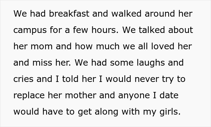 Text describing a husband walking around campus with his daughter, discussing his dying wife's wishes about dating.