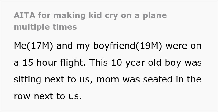 Text post about a teen refusing to entertain a stranger&rsquo;s kid on a 15-hour flight, causing conflict with the mom.