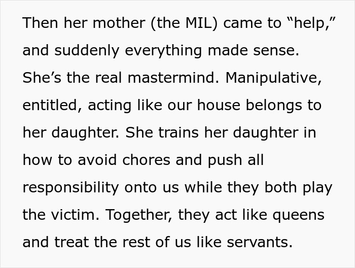 Text from a woman describing her manipulative mother-in-law training her daughter to avoid chores and shift responsibility.