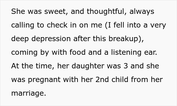 Text excerpt about a woman reflecting on friendship and support during depression with a mother of two children.