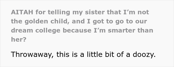 Text snippet discussing a golden child facing a reality check after sister gets into their dream college.