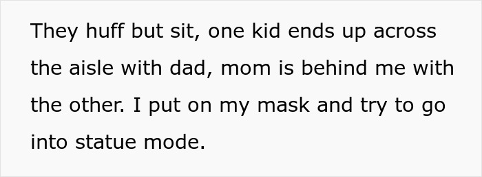 Text describing rude family trying to bully lady out of plane seat while coworkers brand her a villain for refusing swap.