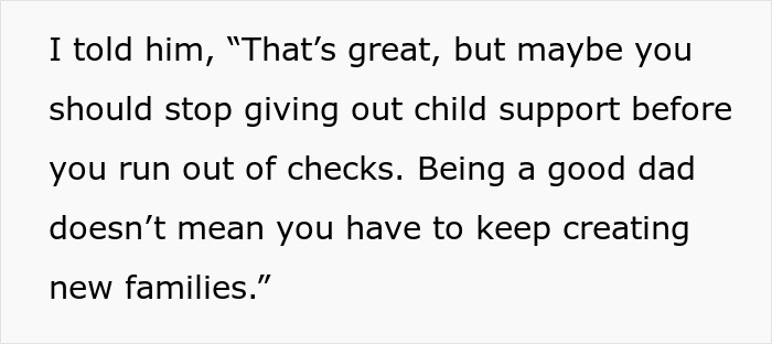 Text excerpt about woman calling out brother for having 4 kids with different women and child support concerns.