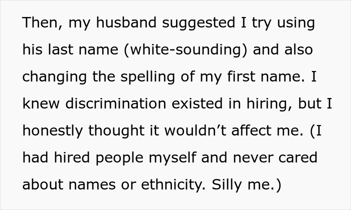 Text excerpt about a woman changing her name to a more white-sounding one to address hiring discrimination.