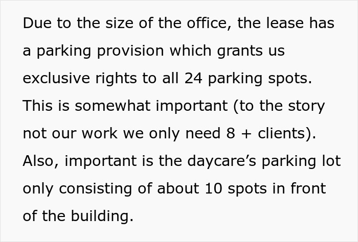 Text explaining daycare manager&rsquo;s parking lot rules and car towing conflict in a small parking area with limited spots.