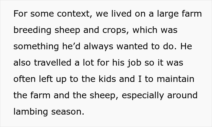 Text excerpt discussing a man siding with daughter&rsquo;s cheating ex during divorce, mentioning family and farm life.