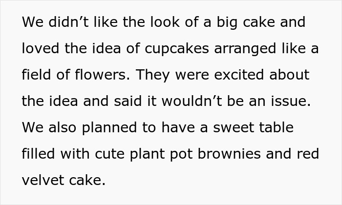 Text about wedding vendors and cupcakes, mentioning allergy concerns and planned sweet table with brownies and cake.