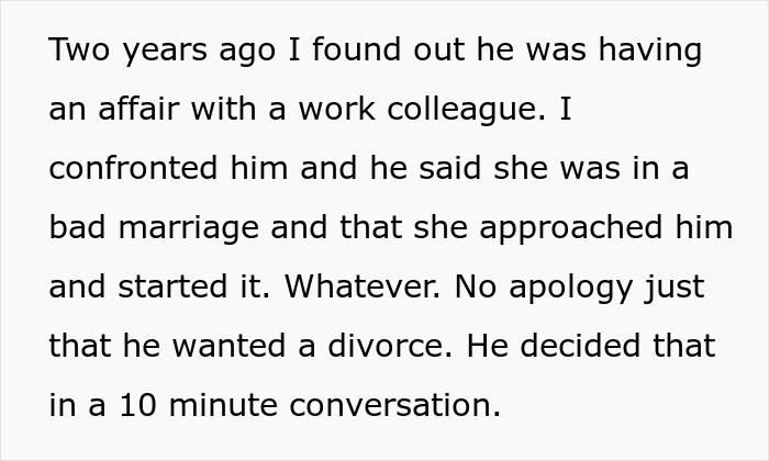 Text excerpt discussing a man siding with daughter&rsquo;s cheating ex during divorce after discovering an affair.