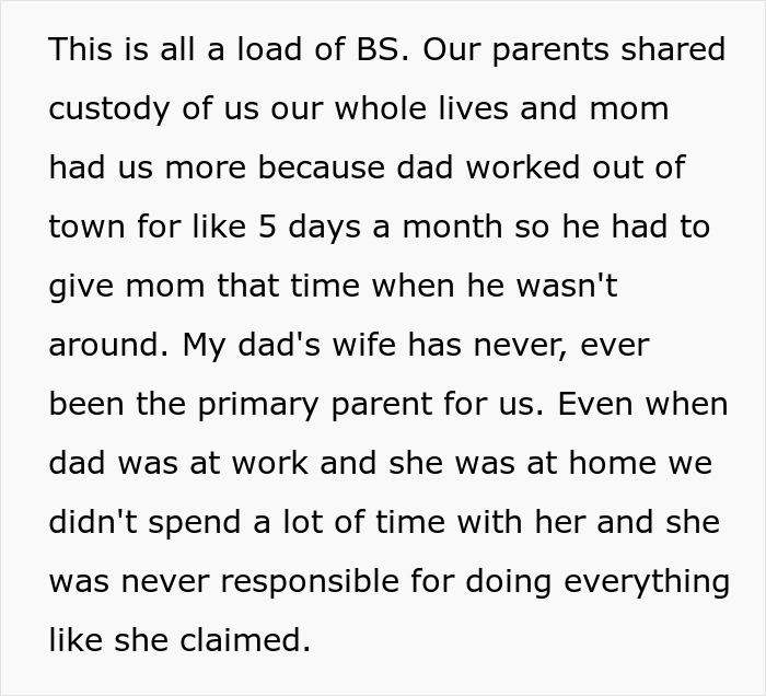 Text screenshot of a teen expressing frustration about stepmom&rsquo;s hypocrisy and false claims regarding parenting and custody.