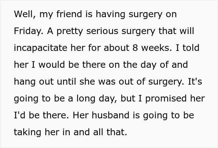 Text about friend supporting wife during serious surgery while slacker hubby plans to skip out on her care afterward.
