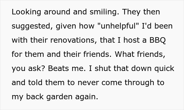 Text excerpt about man dealing with neighbors, illustrating Karen mode actions to protect property boundaries.