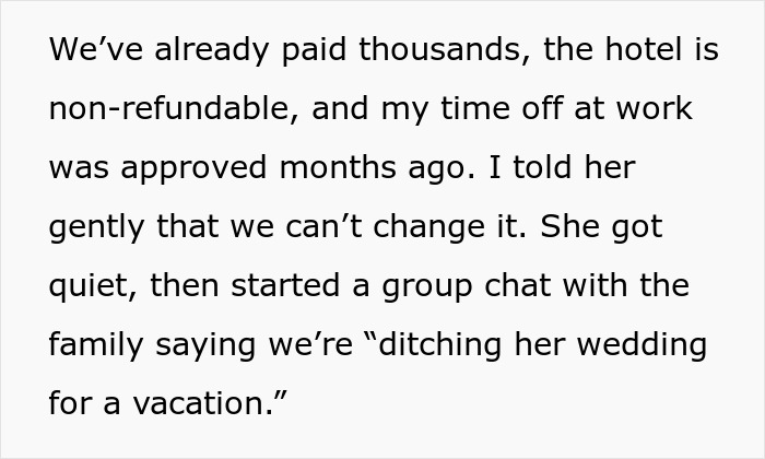 Text about selfish SIL trying to ruin couple&rsquo;s honeymoon by planning a surprise wedding, causing family drama.