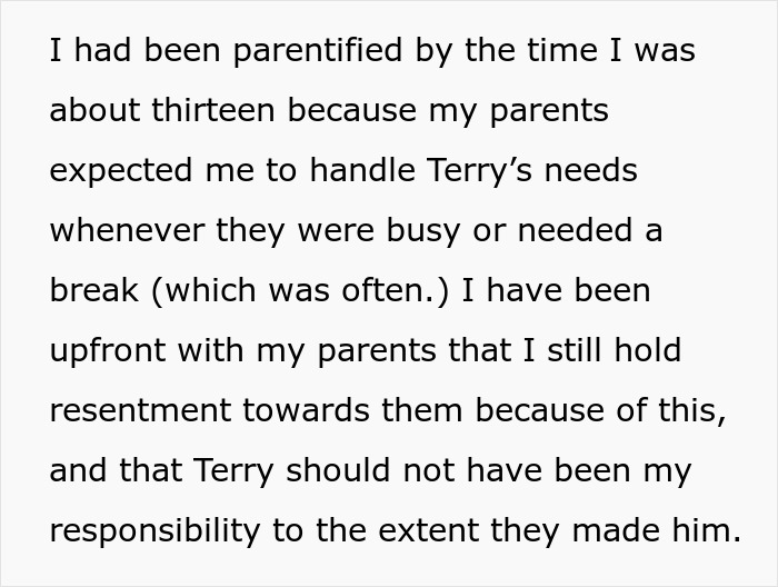 Text excerpt discussing a woman setting boundaries about care for her disabled brother and handling family responsibilities.