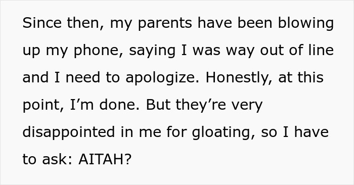 Text message discussing parental disappointment after gloating about sister getting into college of her dreams.