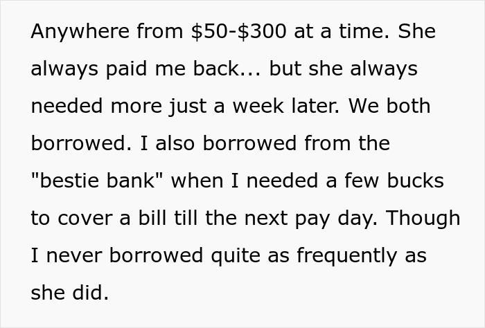 Text excerpt about borrowing money from bestie bank, highlighting a woman done being the bestie bank for her friend.