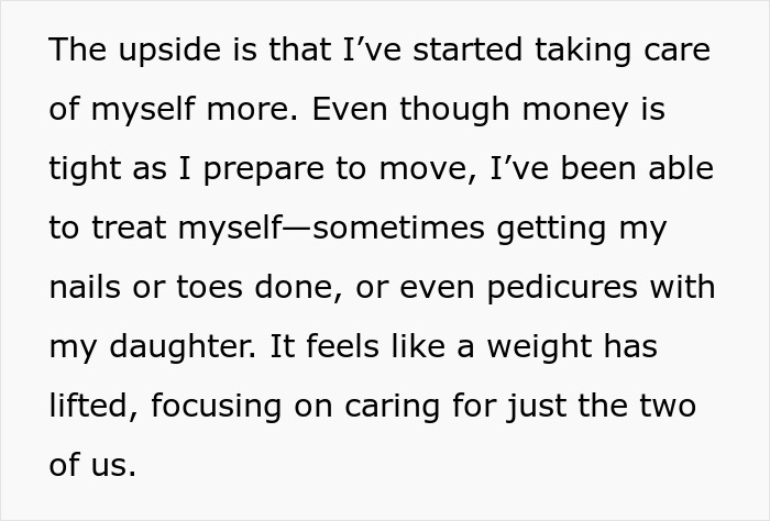 Text about self-care and preparing to move, highlighting treating oneself and daughter with pedicures and lifting a weight.