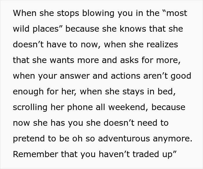 Text describing relationship issues and emotional disconnect after a man leaves wife for a younger woman.