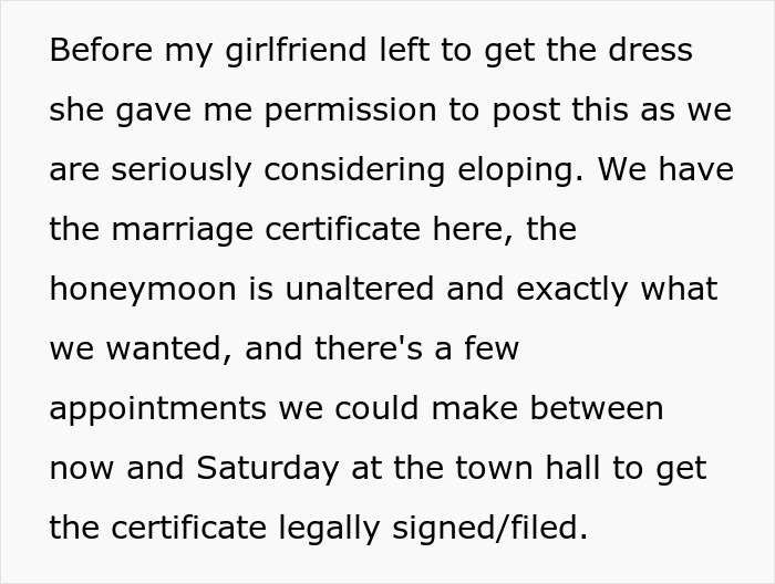 Couple finds out wedding sabotaged by parents days before ceremony, considering eloping with marriage certificate ready.