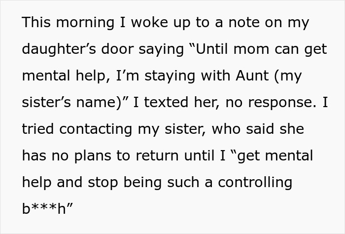 Note left on door about daughter staying with aunt until mom gets mental help, highlighting tension between clean-f***k mom and daughter.