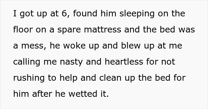 Text describing a wife cleaning the bed repeatedly as her husband refuses to use diapers or a catheter.