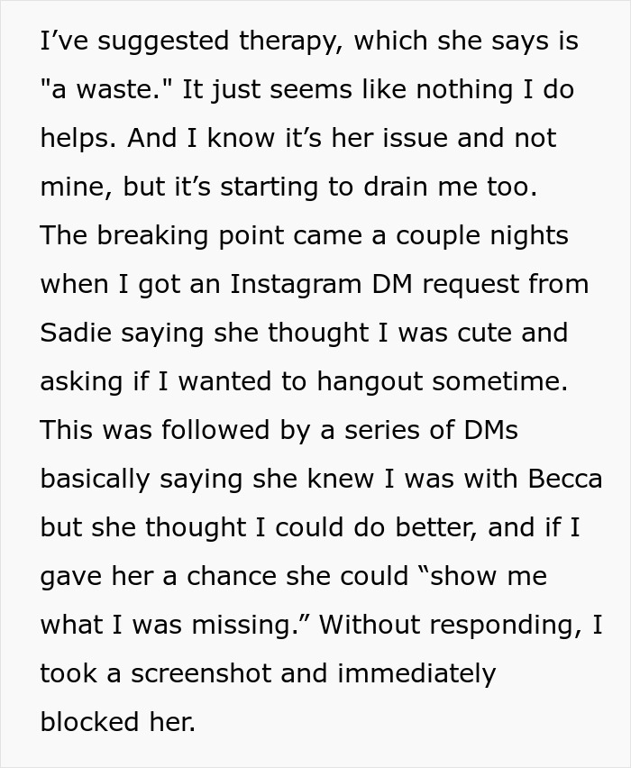 Text about a man rethinking his relationship after receiving a loyalty test via Instagram DM from another woman.