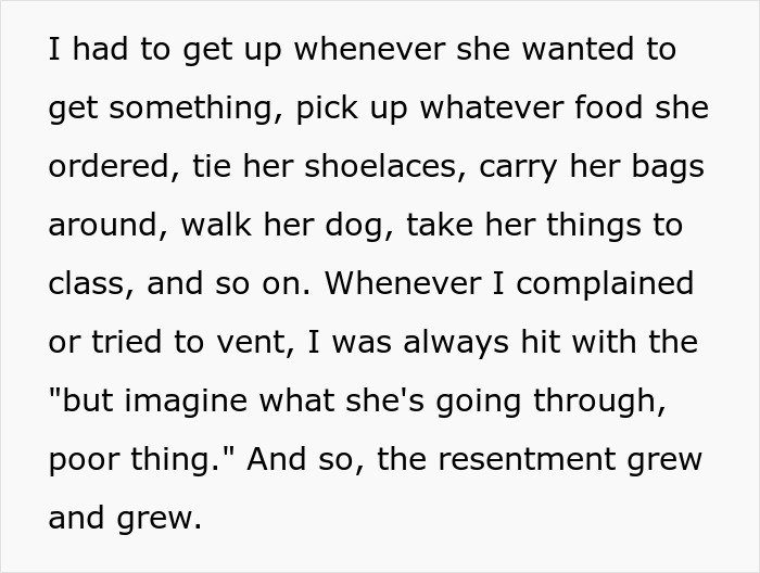 Alt text: Text describing resentment growing toward a disabled teen who relied heavily on her best friend for daily tasks and support.