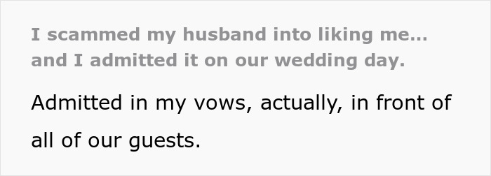 Text image showing a confession about staging an apartment to impress a guy, later admitted at wedding vows.