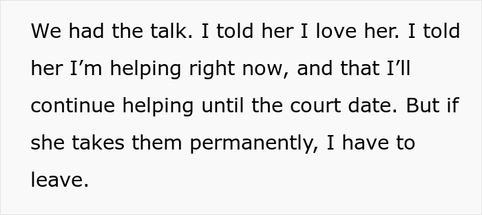 Text excerpt showing a woman discussing saving niblings from foster care and her boyfriend rethinking their future plans.