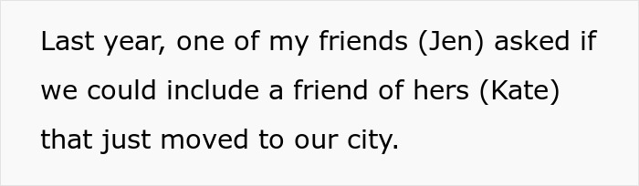 Text excerpt about a woman discussing inviting only some members of her friend group for dinner.