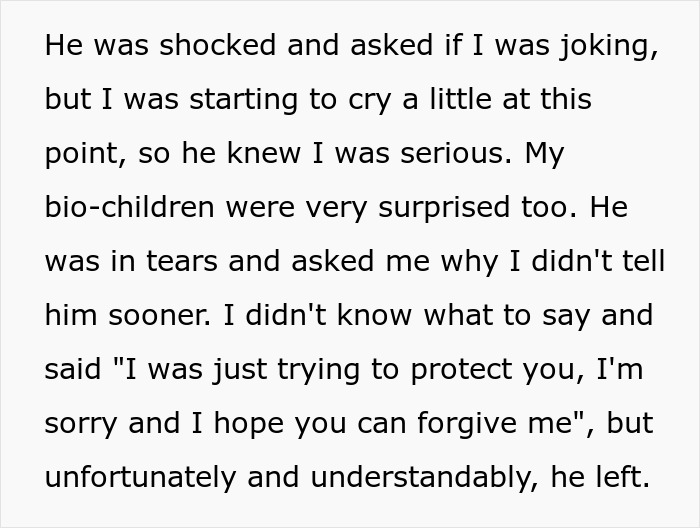 Text excerpt describing a man struggling with telling his son the harsh truth about his real parents and facing emotional reactions.