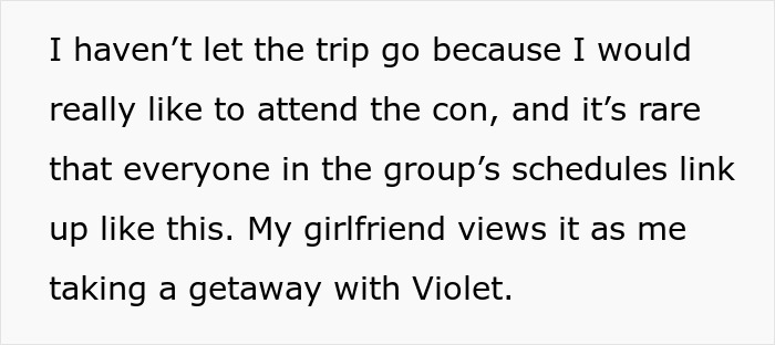 Text excerpt about boyfriend wanting to attend a trip despite girlfriend's concerns, reconsidering relationship.