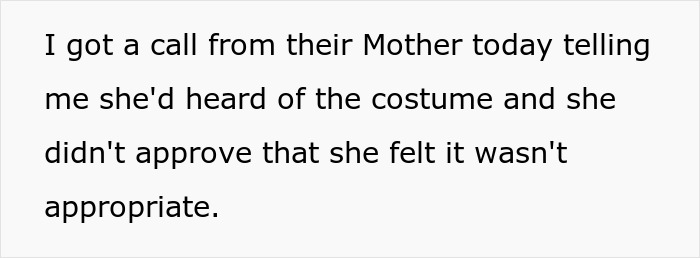 Text excerpt discussing a mother disapproving a group Halloween costume involving twins and their stepmom as inappropriate.