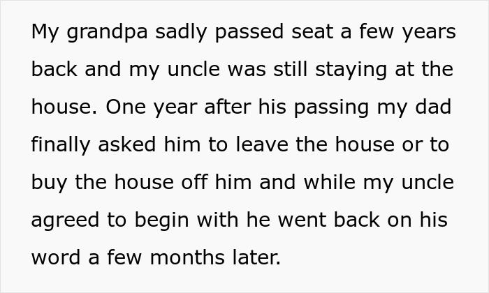 Alt text: Family dispute over entitled brother refusing to leave or sell the house after grandpa's passing.