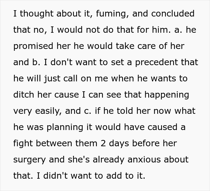 Text excerpt discussing concerns about a slacker hubby planning to skip caring for wife after surgery and possible exposure.