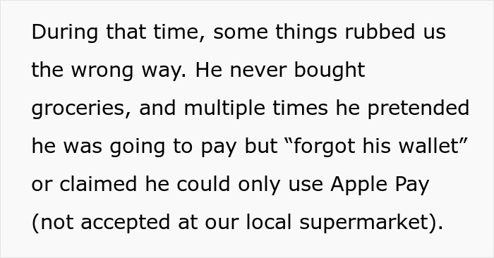 Text excerpt describing a friend who never bought groceries and repeatedly forgot their wallet, highlighting frustration. Text excerpt describing a friend who never bought groceries and repeatedly forgot their wallet, highlighting frustration.
